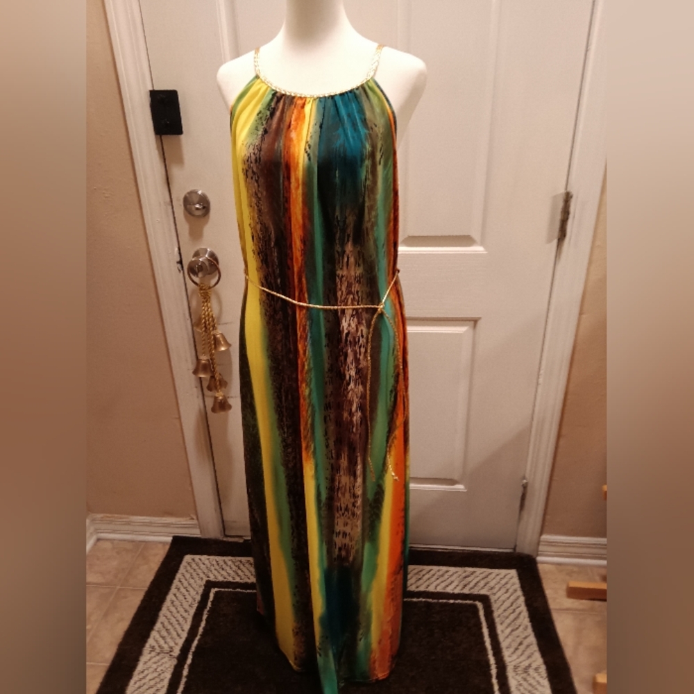 Colorful Maxi dress with gold braided straps and belt